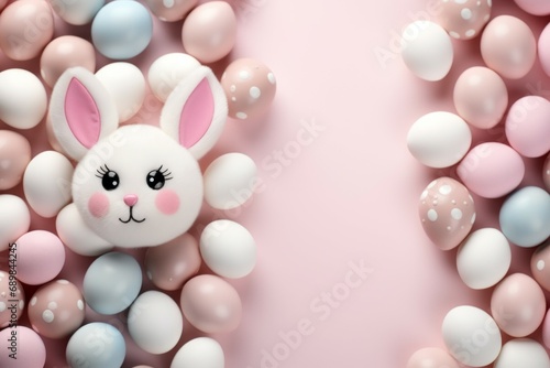 Toy rabbit among eggs. Background with selective focus and copy space © top images