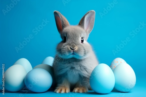 Easter bunny with eggs on a blue studio background with selective focus and copy space © top images