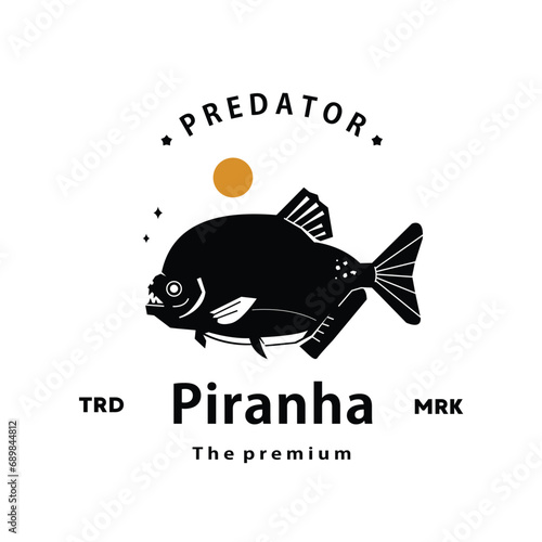 vintage retro hipster piranha logo vector outline silhouette art icon photo
