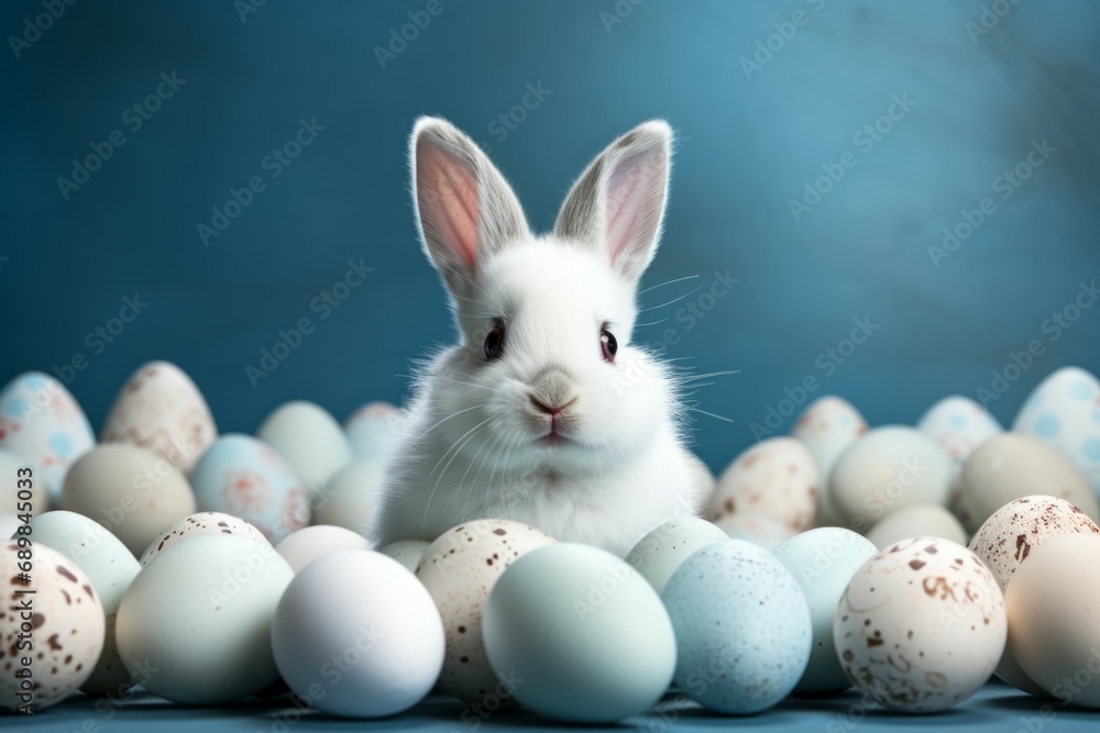 Rabbit among eggs in the studio. Background with selective focus and copy space Rabbit among eggs in the studio. Background with selective focus and copy space