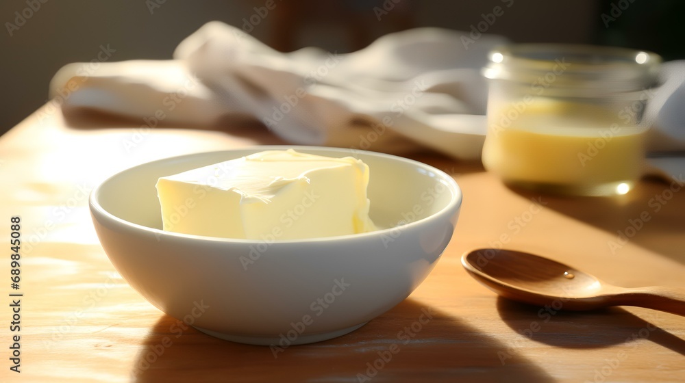 Piece of butter in bowl and spoon on table, closeup Piece of butter in bowl and spoon on table, closeup