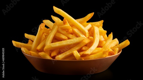 Golden French fries potatoes in bowl isolated on black background with clipping path