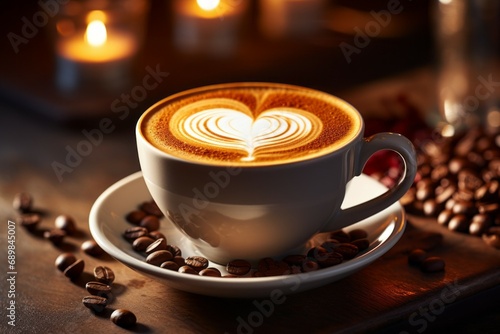 Coffee with foam in the shape of a heart. Background with selective focus and copy space