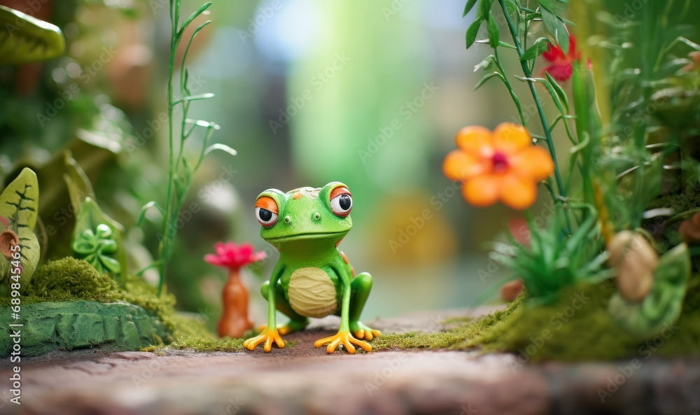 toy frog in the grass - obrazy, fototapety, plakaty 