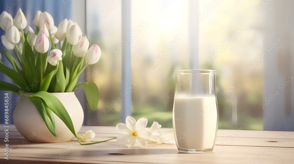 A glass of milk on wooden table in a room with window and spring flowers A glass of milk on wooden table in a room with window and spring flowers