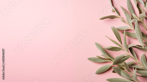Top view of frame leaves of eucalyptus, sage, sea buckthorn of gray-green color on a soft pink background. Spring mood concept design for wedding. Banner with copy space for placing advertising text. 