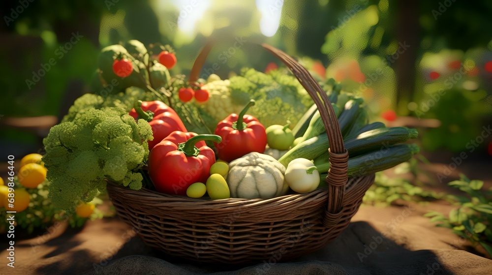 Wicker basket with fresh vegetables on table in garden, closeup Wicker basket with fresh vegetables on table in garden, closeup