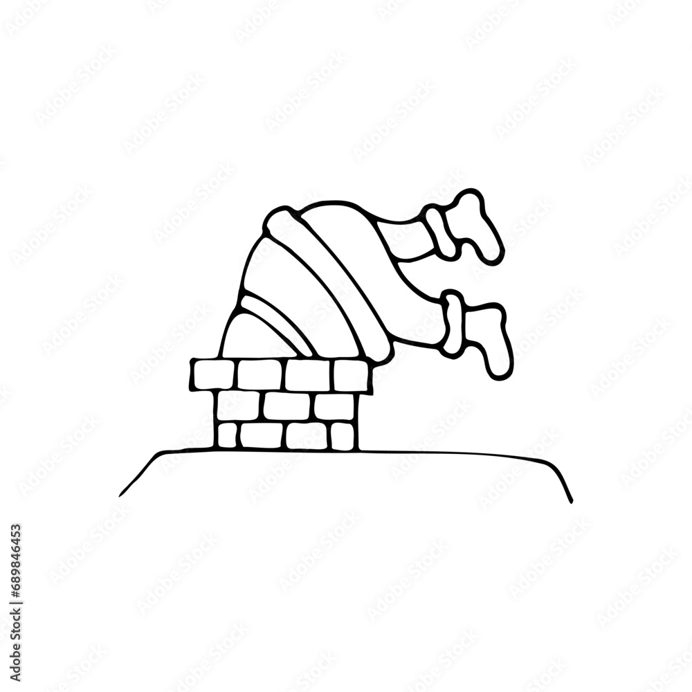 Vector doodle illustration, hand drawn in cartoon style. Black and white linear drawing of Santa Claus on the roof in a chimney.