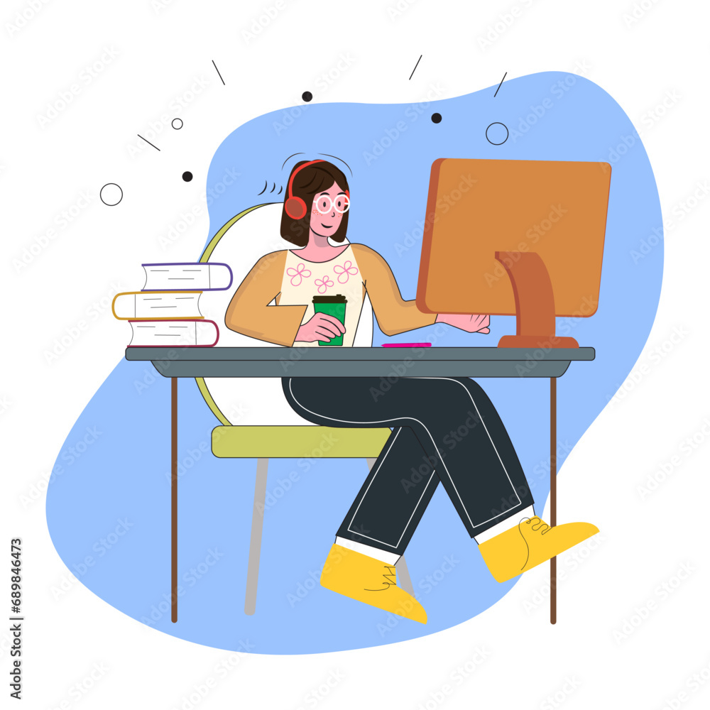 Fototapeta premium woman working on laptop hand drawing vector illustration, lady with laptop isolated on white background