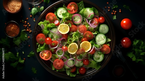 Fresh vegetable salad with tomatoes, cucumbers, onions and herbs on a black background.