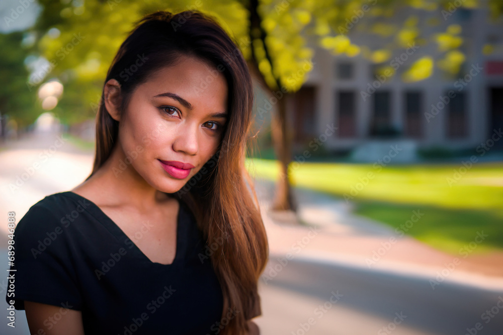 young attractive woman middle-dark skin, black hair, Indonesian African Asian woman , summer day young attractive woman middle-dark skin, black hair, Indonesian African Asian woman , summer day