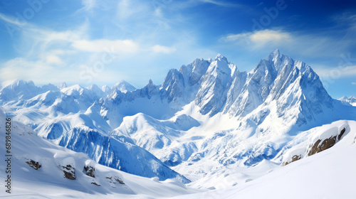 Beautiful winter mountains landscape with snow covered peaks and clear blue sky. Panoramic view. Winter concept. 