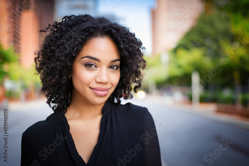 young attractive woman middle-dark skin, black hair, Indonesian African Asian woman , summer day