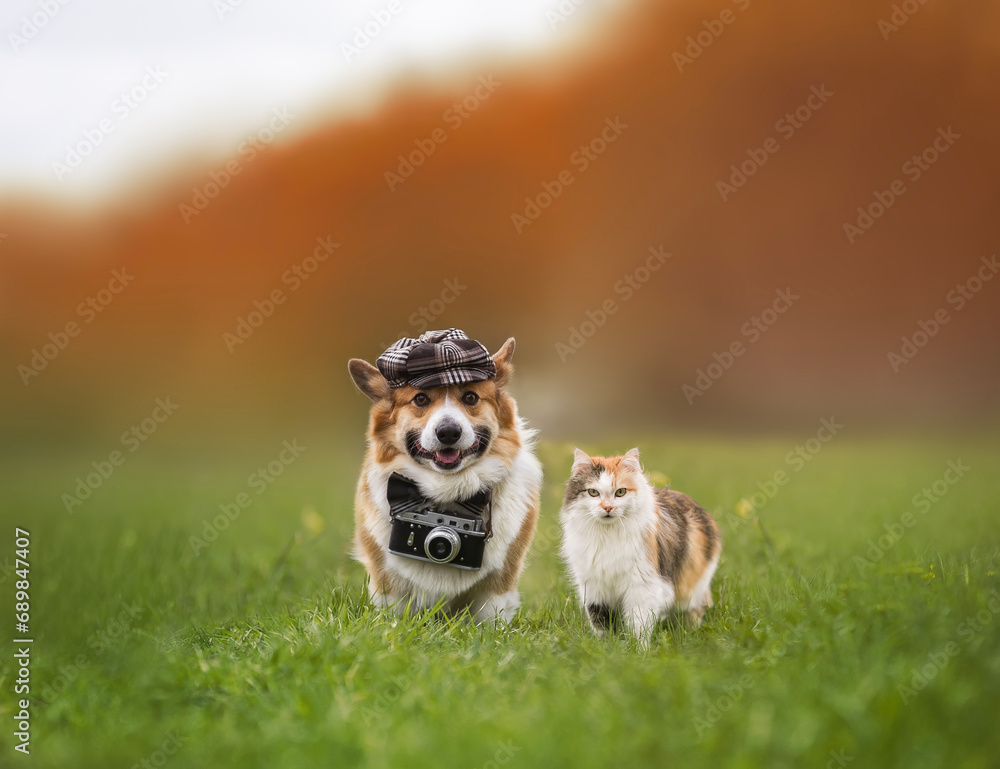 cute domestic cat and corgi dog in a cap with a retro camera walk through a summer sunny meadow cute domestic cat and corgi dog in a cap with a retro camera walk through a summer sunny meadow