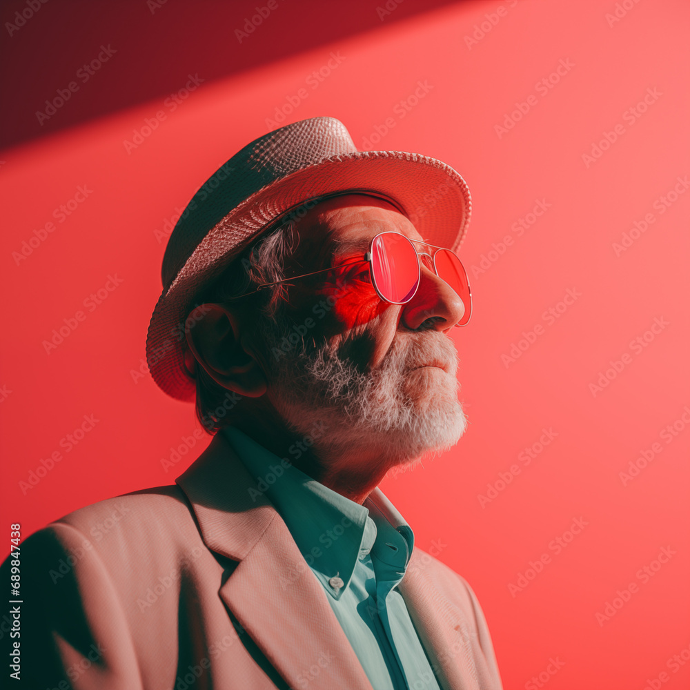Klasa Wieku. Elegancki pan w różowych okularach wprowadza do swojego stylu subtelne wibracje koloru, podkreślając swoją unikalność. - obrazy, fototapety, plakaty 
