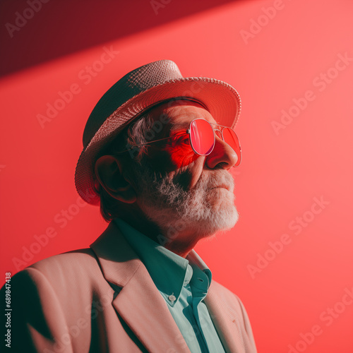Klasa Wieku. Elegancki pan w różowych okularach wprowadza do swojego stylu subtelne wibracje koloru, podkreślając swoją unikalność.