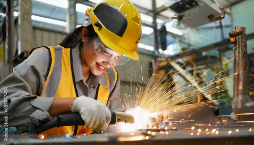 Close-up of a machinist welding metal pieces with sparks flying all over, concept metal welding for industry part.  photo