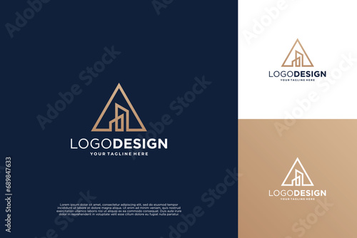 letter A logo design with triangle shape and building concept.