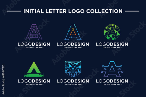 Collection of letter A digital logo design. Letter A technology concept.