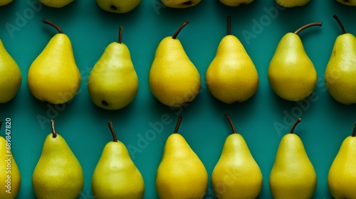Fresh Organic Pear Fruit Photorealistic Horizontal Seamless Background. Healthy Vegetarian Diet. Ai Generated Seamless Background with Delicious Juicy Pear Fruit Arranged in lines.