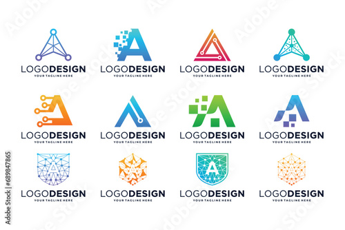 Set of letter A digital logo design. Letter A technology concept.