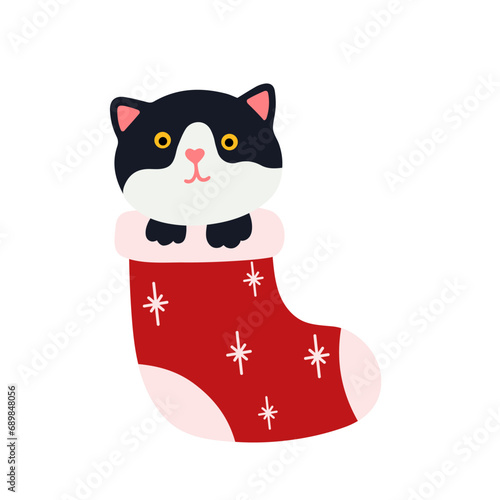 Funny Christmas cat. Drawing of cute cats with garland, Christmas tree, gift box. Design suitable for banner, invitation, card, greeting, banner, cover