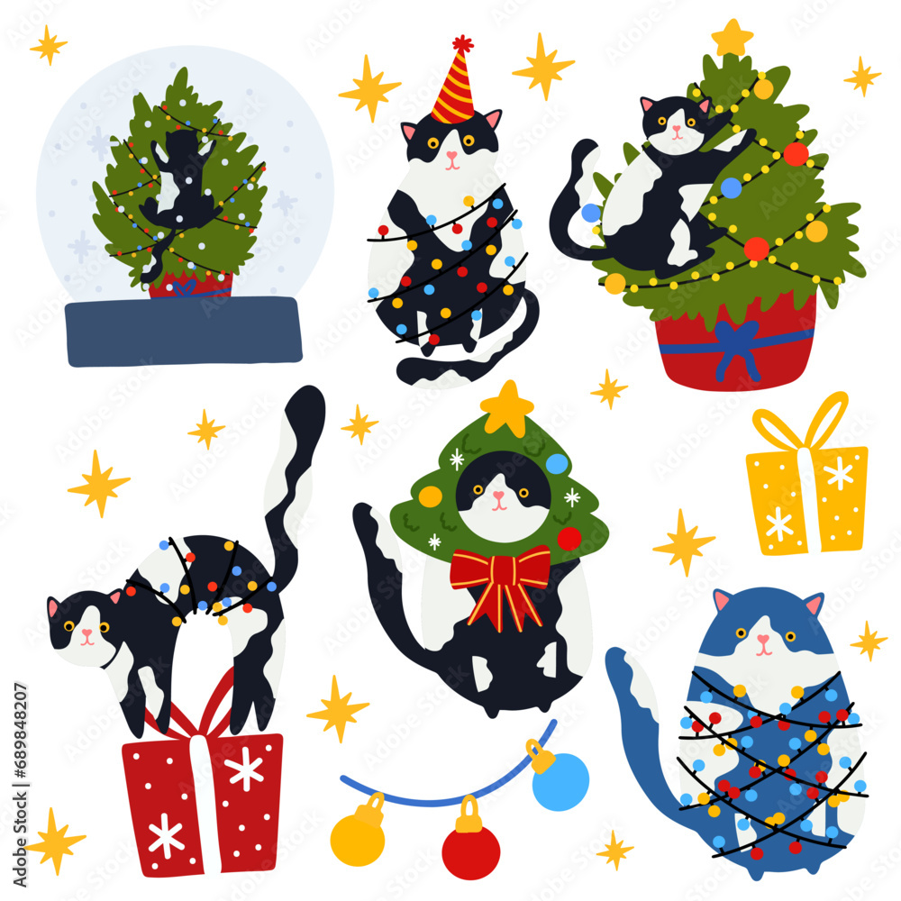 Naklejka premium Funny Christmas cat set. Collection drawing of cute cats with garland, Christmas tree, gift box. Design suitable for banner, invitation, card, greeting, banner, cover