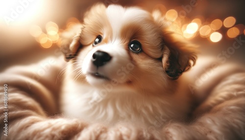 Heart-melting fluffy puppy with big, soulful eyes, bathed in soft, warm light, inviting a cuddle.  © Cad3D.Expert