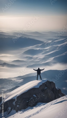 Person on mountain top with view of snow covered mountains © Mikalai