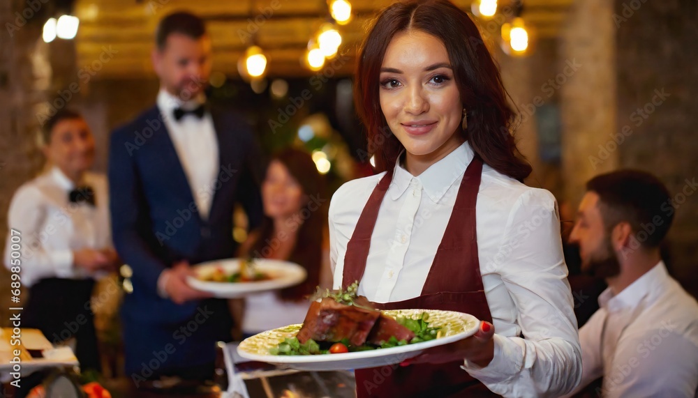  waitress carrying plates with meat dish on some festive event, party or wedding