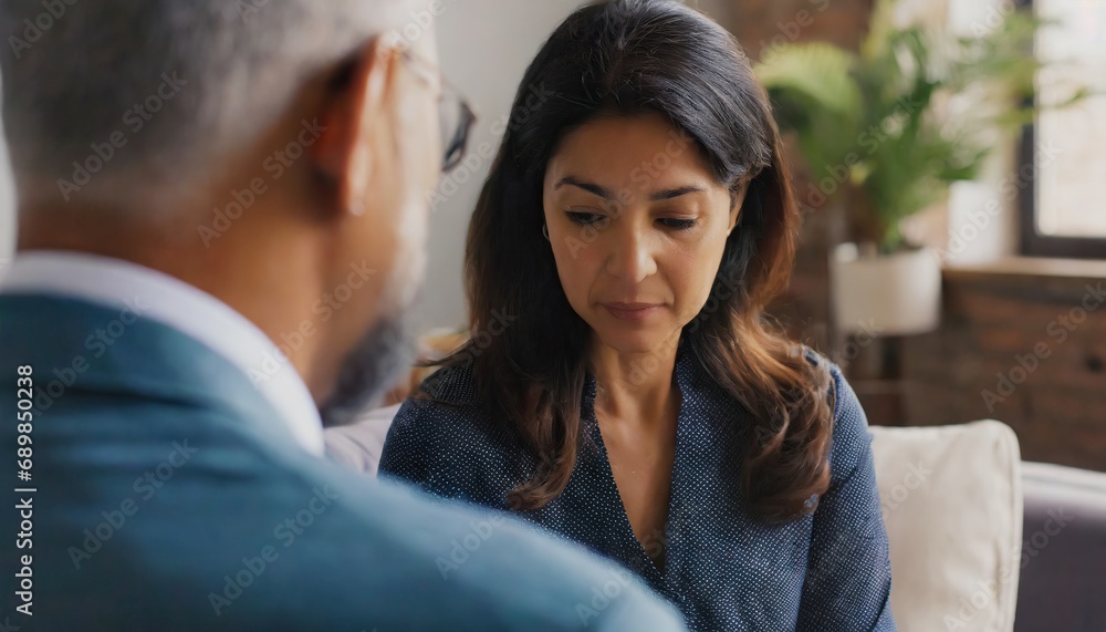 Woman with the therapist psychologist on the couch, sad mature or middle-aged adult woman talks about his mental psychic problems Woman with the therapist psychologist on the couch, sad mature or middle-aged adult woman talks about his mental psychic problems