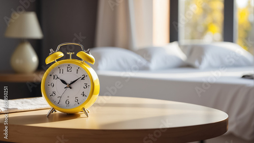 Round alarm clock in the bedroom, morning stylish