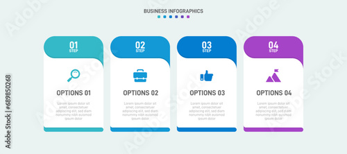 Timeline infographic with infochart. Modern presentation template with 4 spets for business process. Website template on white background for concept modern design. Horizontal layout.