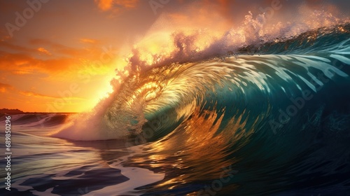 Big wave at sunset. Great sea wave. Light bronze and dark blue.