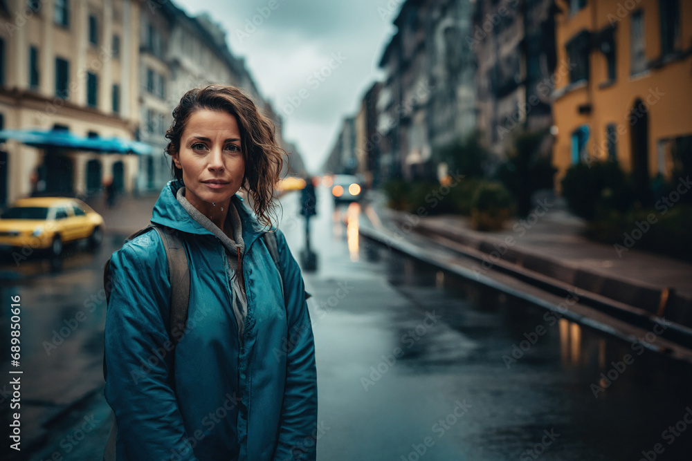 worried caucasian woman on street, emotional turmoil , a rainy bad day