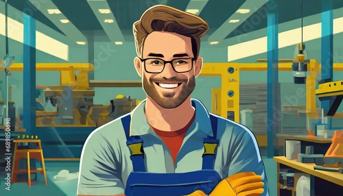 young adult caucasian male, 30s, in a workshop or production hall, happy in job