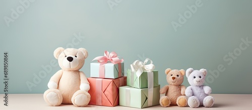 Baby-themed cubes containing plush toys and presents.