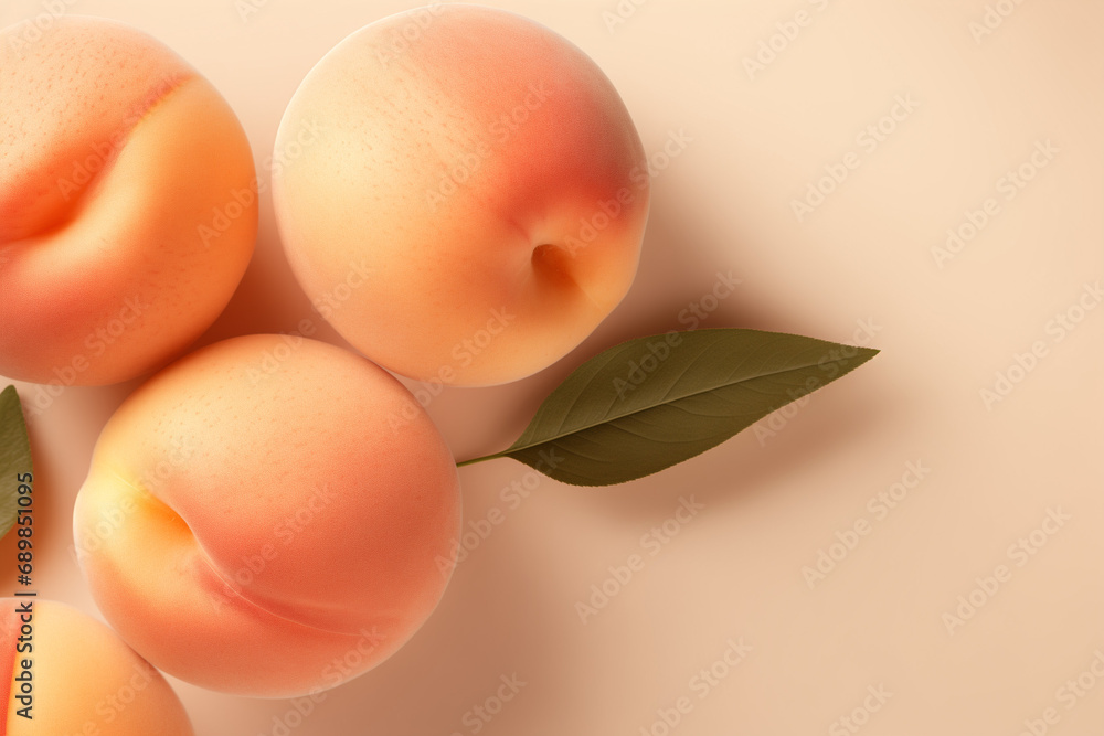 Fresh ripe peaches with green leaves on beige background. Fresh organic fruit, vegan food. Harvest concept. Flat lay, top view with copy space. Peach fuzz - color of the year 2024 Fresh ripe peaches with green leaves on beige background. Fresh organic fruit, vegan food. Harvest concept. Flat lay, top view with copy space. Peach fuzz - color of the year 2024