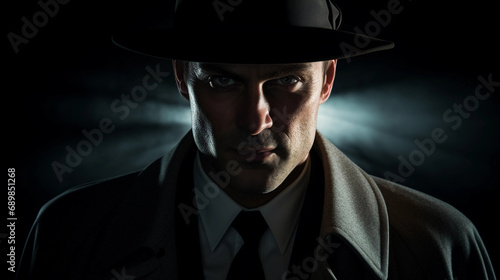 Classic film noir style portrait, detective in a fedora, trench coat collar upturned, moody lighting
