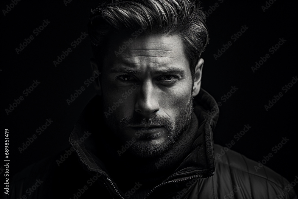 portrait of a male with rugged features, sharp contrast, high texture detail, black turtleneck
