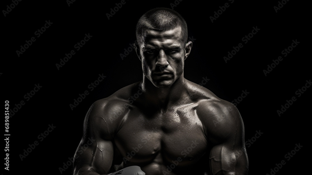 Fototapeta premium boxer before a fight, intense focus, sweat beads, muscular definition