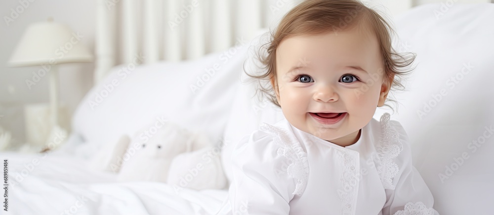 Cute infant in white attire in the nursery. Cute infant in white attire in the nursery.