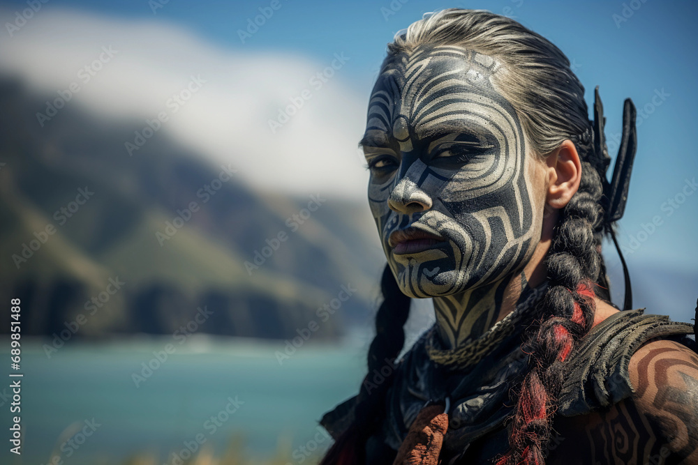 Maori warrior, traditional 'ta moko' facial tattoos, ceremonial 'piupiu' skirt, New Zealand's coastal backdrop