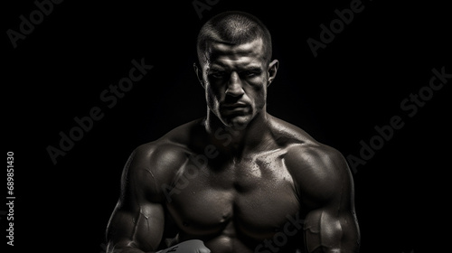 boxer before a fight, intense focus, sweat beads, muscular definition