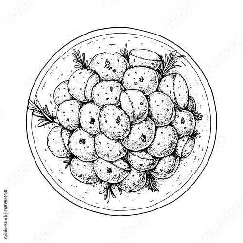 Boiled potatoes with dill on a plate sketch. Hand drawn vector illustration. Top view.