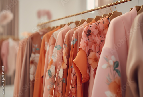 Clothes hang on a shelf in a designer clothes store. Rack with classic women's fashion clothes. Clothing retails concept. Advertise, sale, fashion. Peach fuzz - color of the year 2024 photo