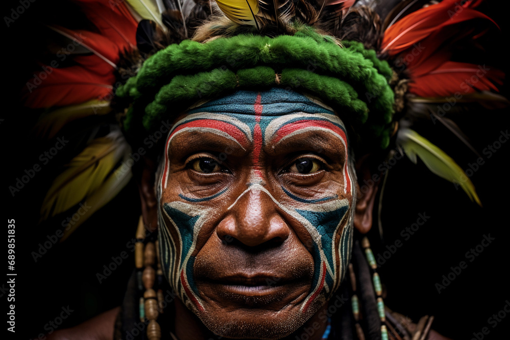 Portrait of a Huli wigman from Papua New Guinea, traditional face paint and headdress, intense stare, lush rainforest environment Portrait of a Huli wigman from Papua New Guinea, traditional face paint and headdress, intense stare, lush rainforest environment