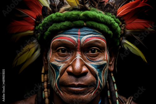 Portrait of a Huli wigman from Papua New Guinea, traditional face paint and headdress, intense stare, lush rainforest environment