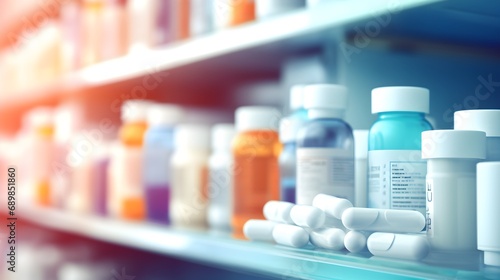 out of focus, blurry, pharmacy shelves with medicines, jars with pills and bottles with medicines, pharmaceutical concept