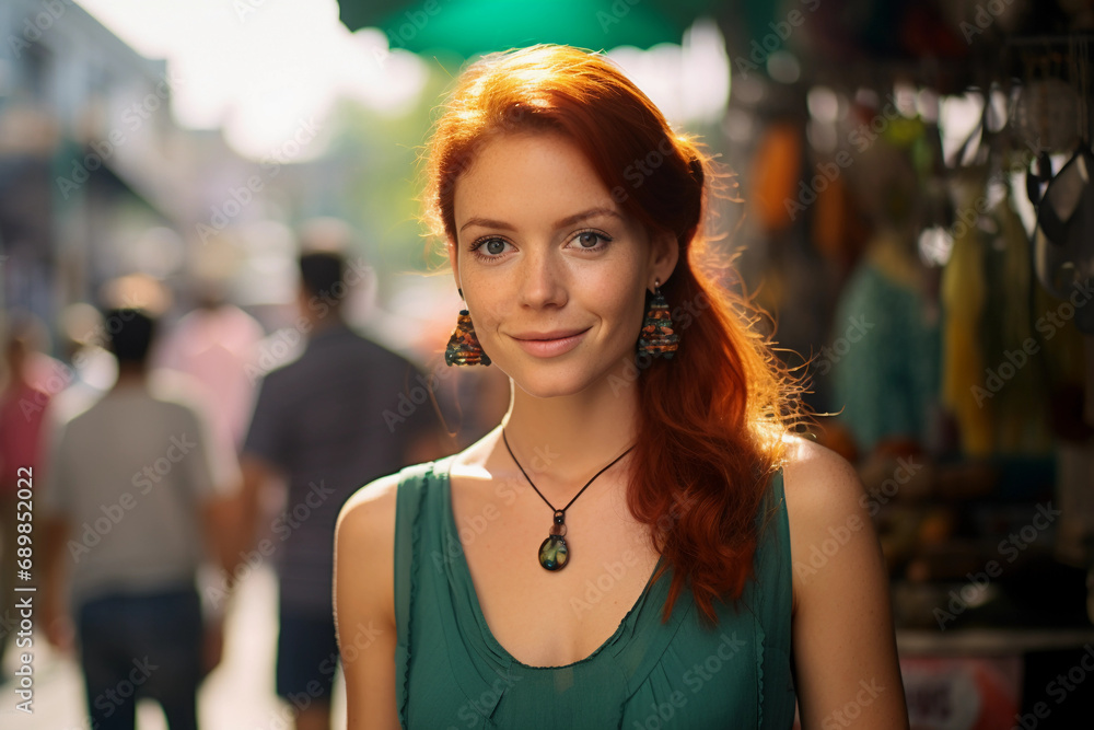 woman with auburn hair, sparkling green eyes, wearing a jewel-toned turquoise dress
